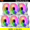 Six colorful RGB Aigo AR12PRO computer case fans for efficient cooling and performance