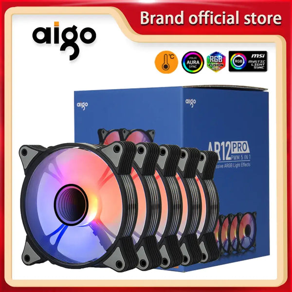 Aigo AR12PRO Computer Case Fan in blue box showcasing RGB cooling technology