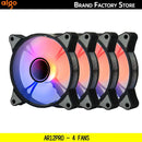 Four Aigo AR12PRO computer case fans with vibrant RGB lighting for efficient cooling