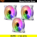 Three white Aigo AR12PRO computer case fans with vibrant RGB lighting for efficient cooling