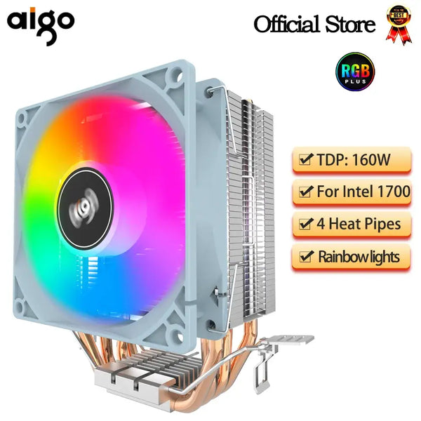 Aigo CPU Cooler featuring RGB fan, metal heatsink, and efficient heat pipes for cooling