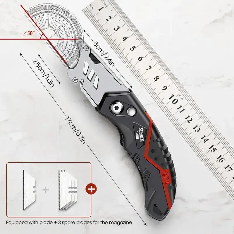 Folding utility knife with Airaj stainless steel blade, spare blades, and measurement tools