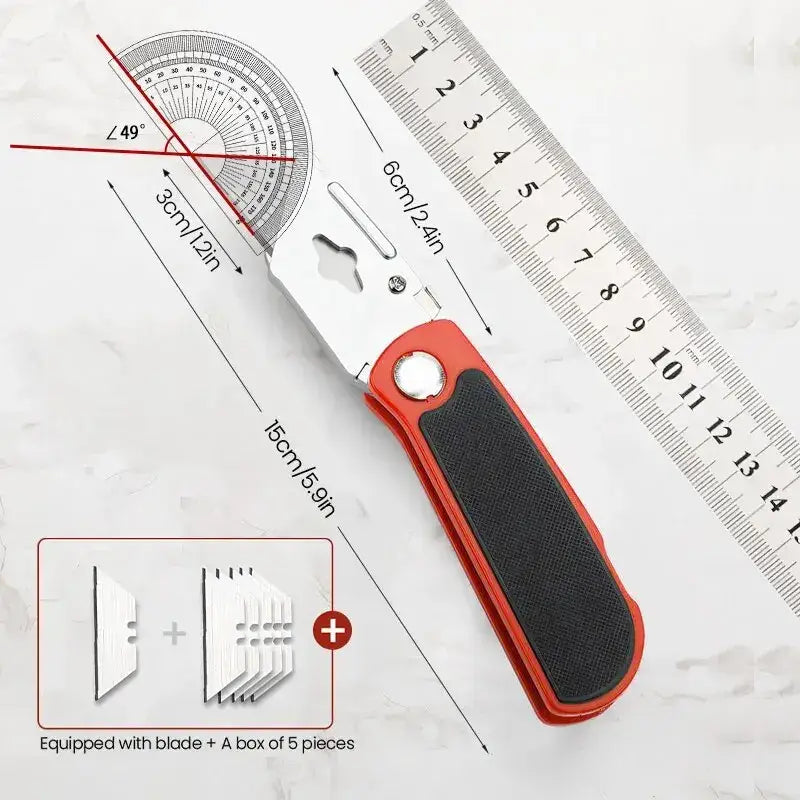 Utility knife with red and black handle, Airaj stainless steel blade and measuring tools