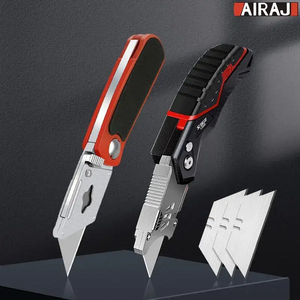 Two Airaj Stainless Steel Folding Blade Knives with retractable blades and refills