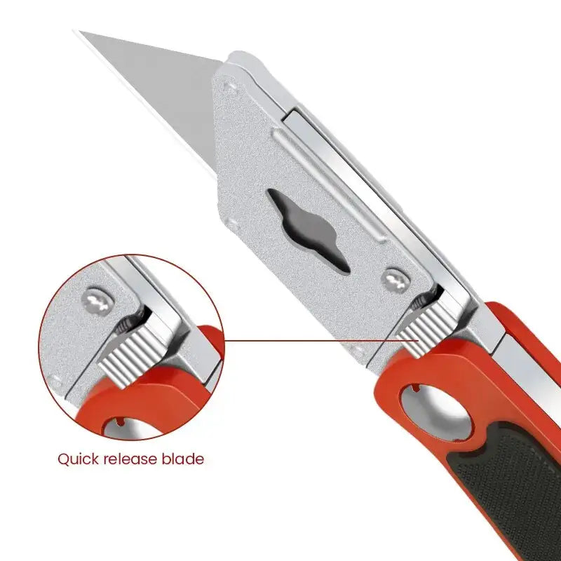 Utility knife featuring Airaj stainless steel blade, red and black quick-release handle