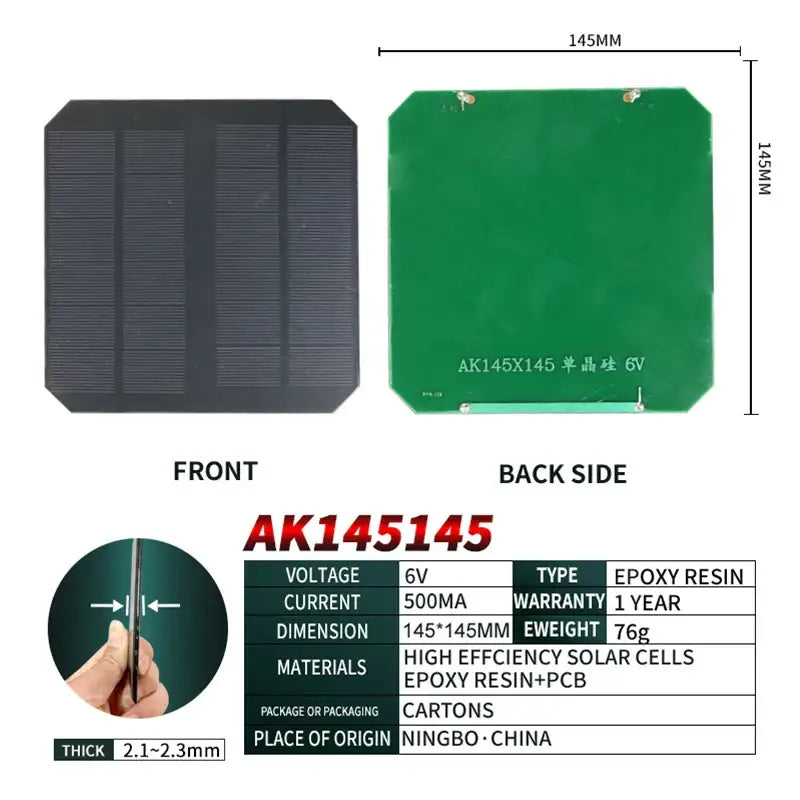 Solar panel showcasing front and back views with specifications for AK Flexible Solar Panel from Mainland China