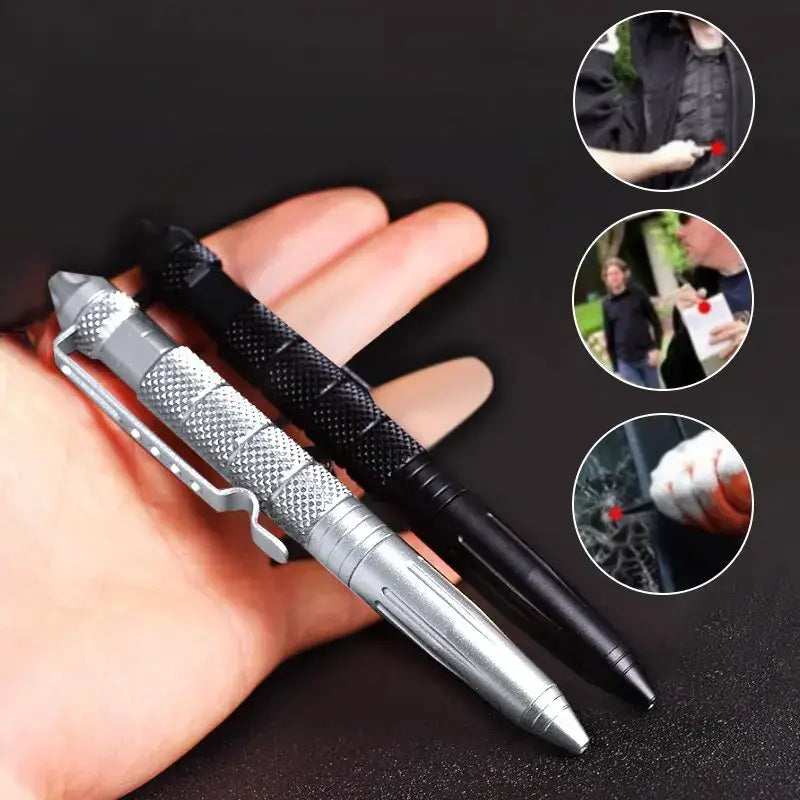 Tactical defense pen with textured grip and pointed tip, made from aluminium-copper alloy hand tool