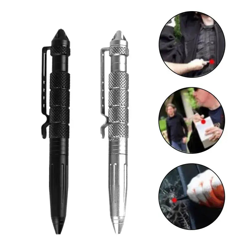 Tactical defense pens in black and silver with glass-breaking tips and clips, aluminium-copper alloy hand tool