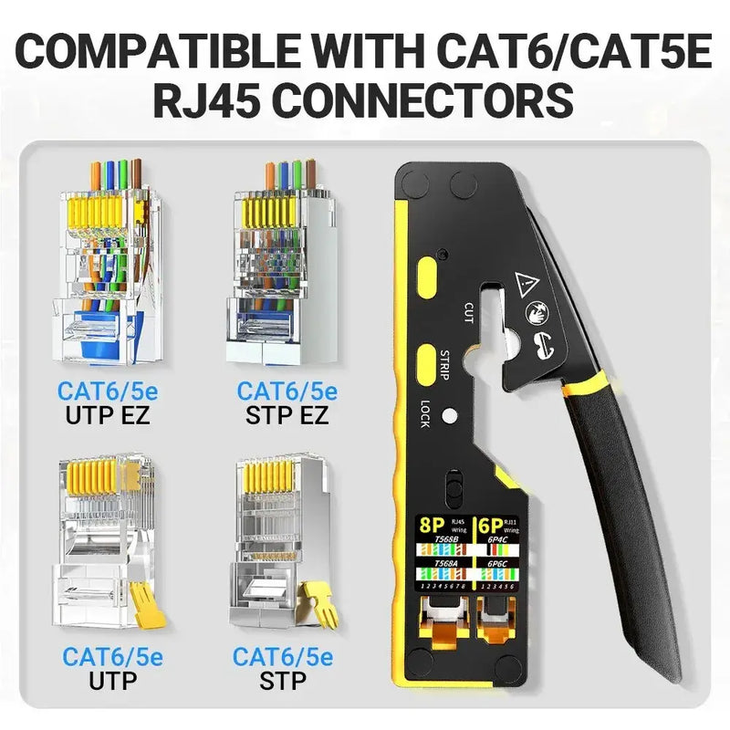 AMPCOM EZ-Type RJ45 Network Crimper - 3-in-1 Crimp/Cut/Strip Lan CAT8/7/6A/6/5E - Yellow