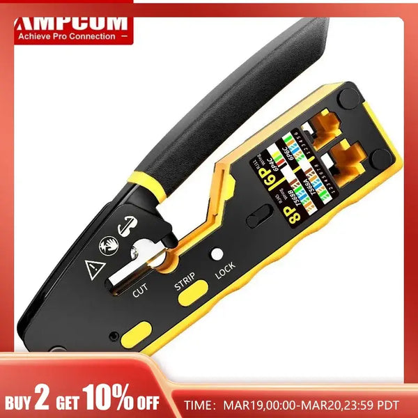 AMPCOM EZ-Type RJ45 Network Crimper - 3-in-1 Crimp/Cut/Strip Lan CAT8/7/6A/6/5E - Yellow