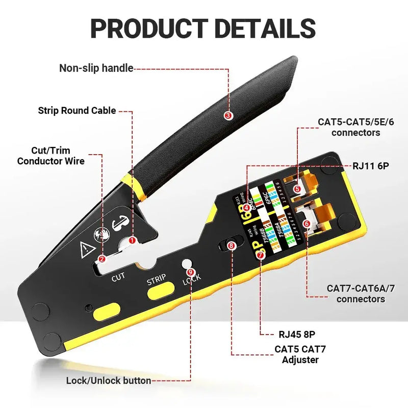 AMPCOM EZ-Type RJ45 Network Crimper - 3-in-1 Crimp/Cut/Strip Lan CAT8/7/6A/6/5E - Yellow