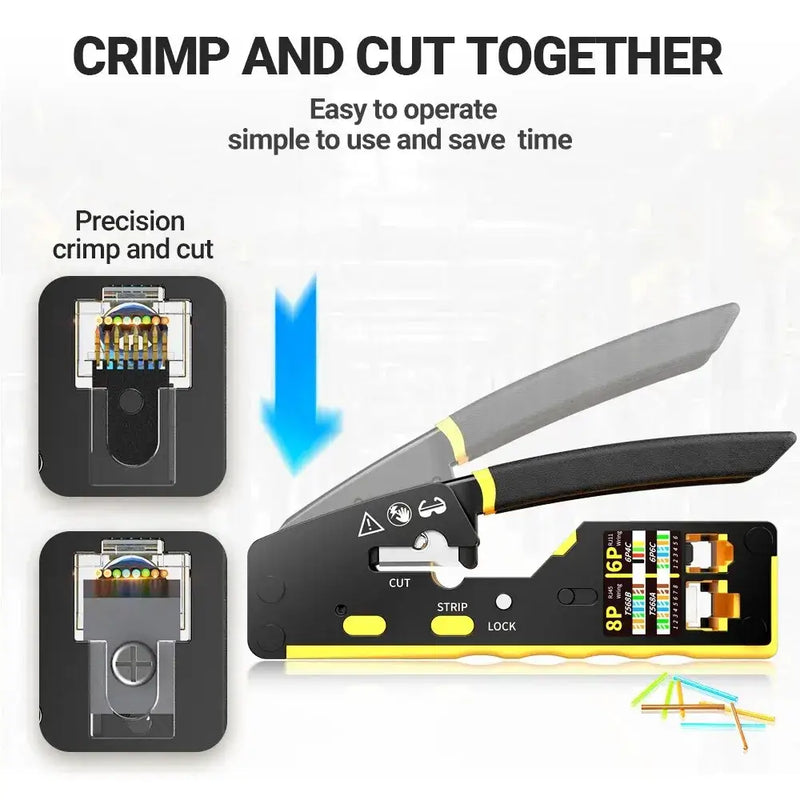 AMPCOM EZ-Type RJ45 Network Crimper - 3-in-1 Crimp/Cut/Strip Lan CAT8/7/6A/6/5E - Yellow