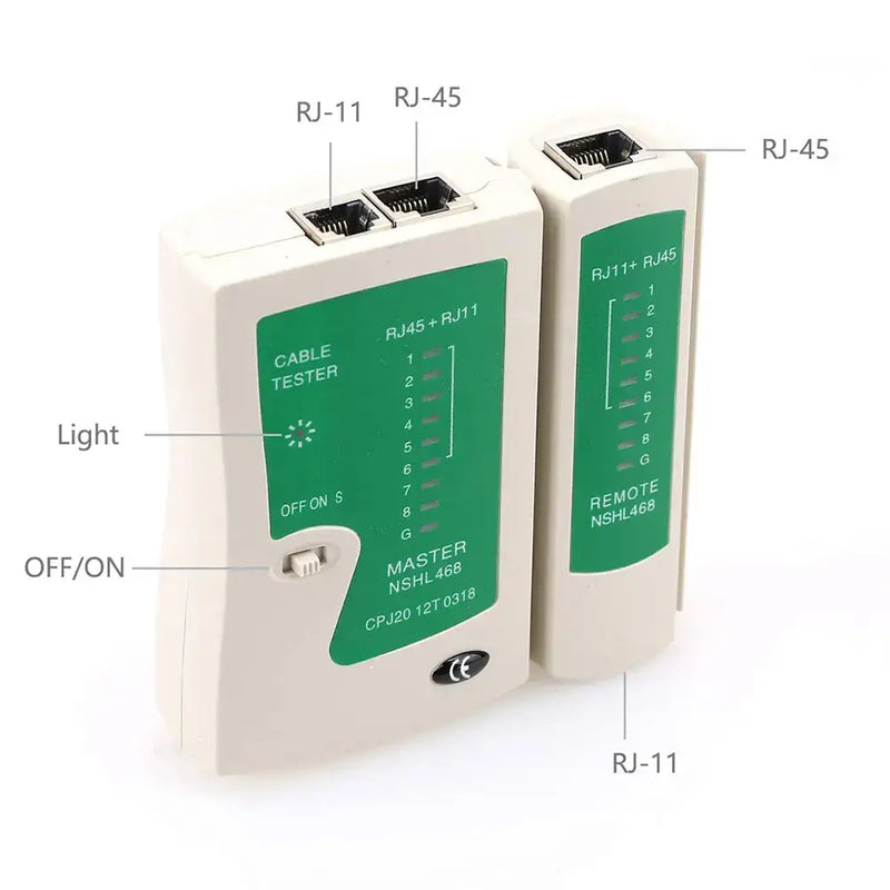 AMPCOM Cable Tester with RJ-11, RJ-45 ports, indicator lights, and Mainland China Certification