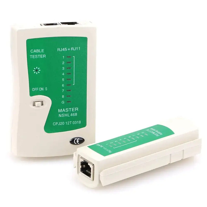 AMPCOM Cable Tester featuring green and white casing for network diagnostics with Mainland China certification