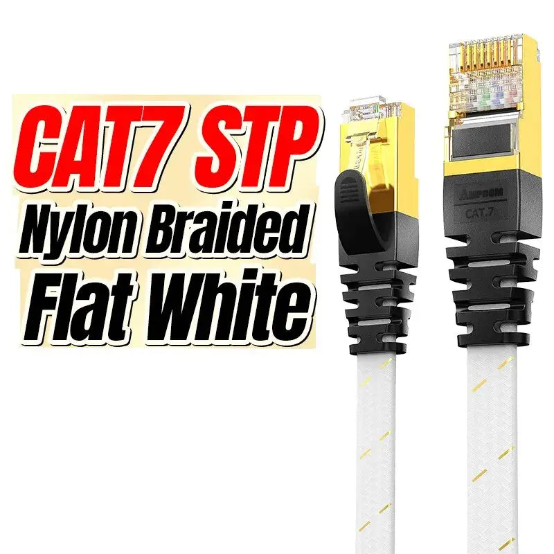 Ethernet cable featuring a white flat nylon braided design and black connectors, AMPCOM Max Cat7