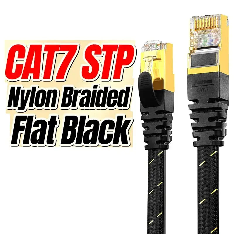 CAT7 Ethernet cable featuring nylon braided design and gold-plated connectors, AMPCOM Max Cat7