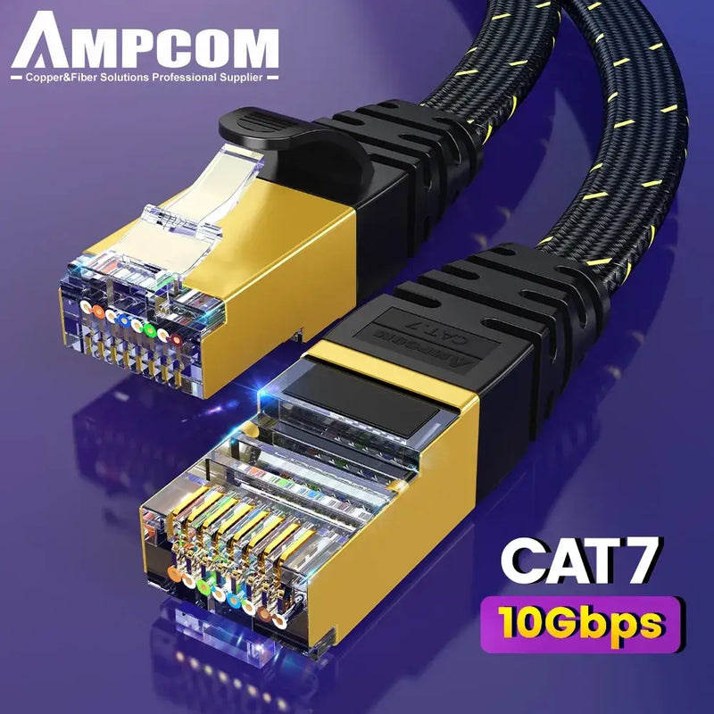 CAT7 Ethernet cable by Ampcom Max showing exposed connectors and internal wiring