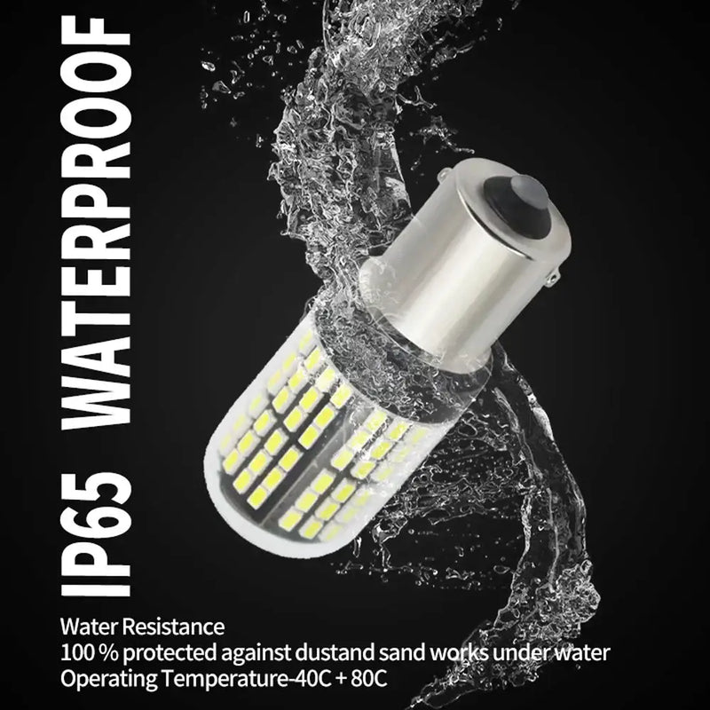 LED light bulb splashing water, showcasing AMSYD BA15S Turn Signal waterproof features