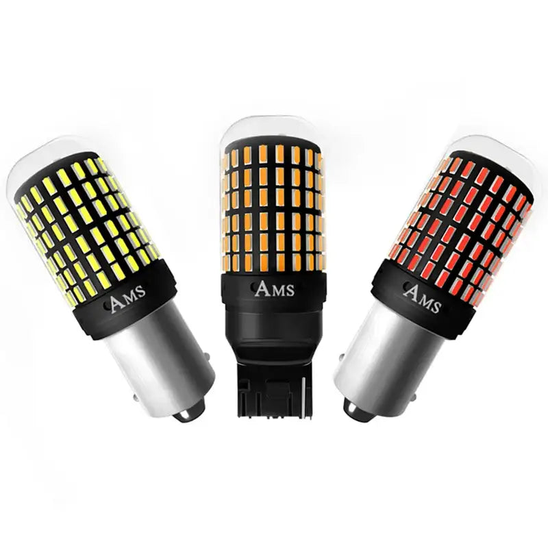 Three LED car light bulbs in yellow, orange, and red for AMSYD BA15S Turn Signal