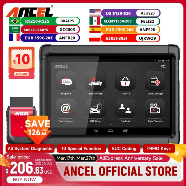 Tablet displaying Ancel X6 Function automotive diagnostic software interface with icons