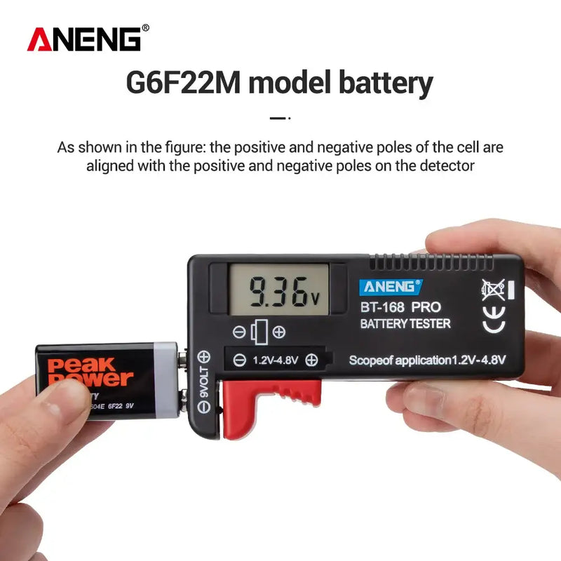 Battery tester ANENG BT-168 Pro displaying voltage measurement of 9.36V