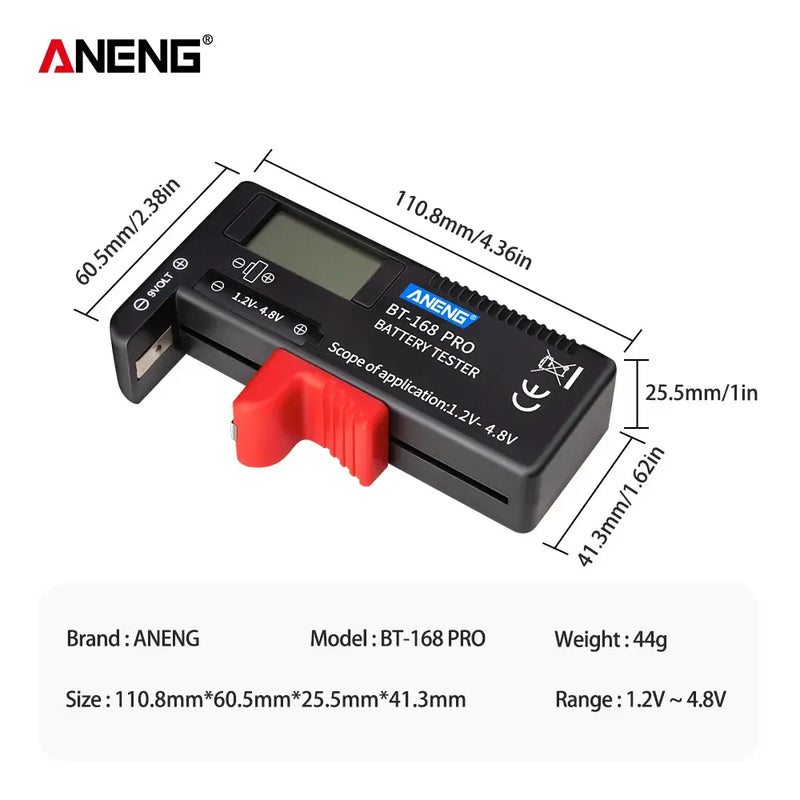 Digital battery tester ANENG BT-168 Pro with LCD display and red testing probes