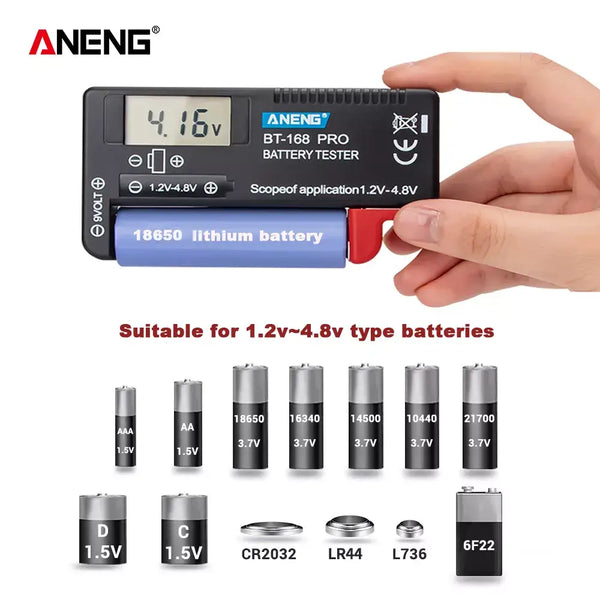 Battery tester device displaying blue lithium battery in ANENG BT-168 Pro Digital Battery Tester