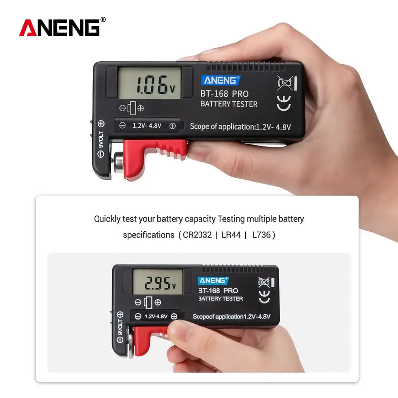 Battery tester device ANENG BT-168 Pro with digital display and voltage probes