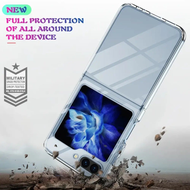 Foldable Samsung Galaxy Z Flip with Anti-Scratch Clear Thin Cover Case and glowing screen