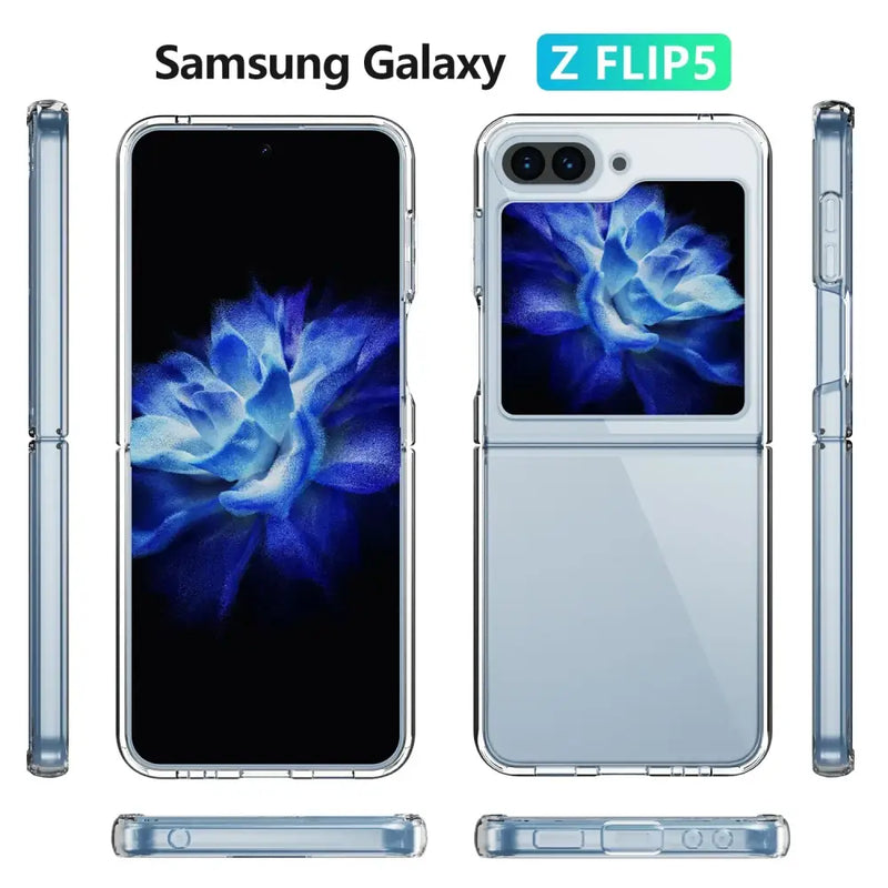 Samsung Galaxy Z Flip5 in Anti-Scratch Clear Thin Cover Case displaying vibrant blue flower