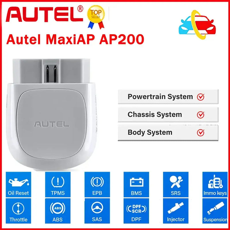 Autel AP200 Engine Analyzer with Bluetooth showcasing various system compatibility icons