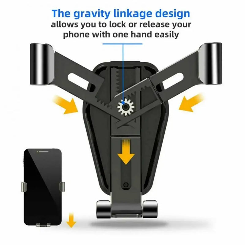 Gravity-operated phone holder with adjustable arms for secure cell phone usage in cars