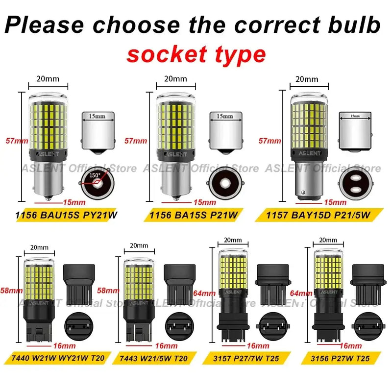 Diagram of automotive light bulb sockets and models including BA15S P21W bulbs