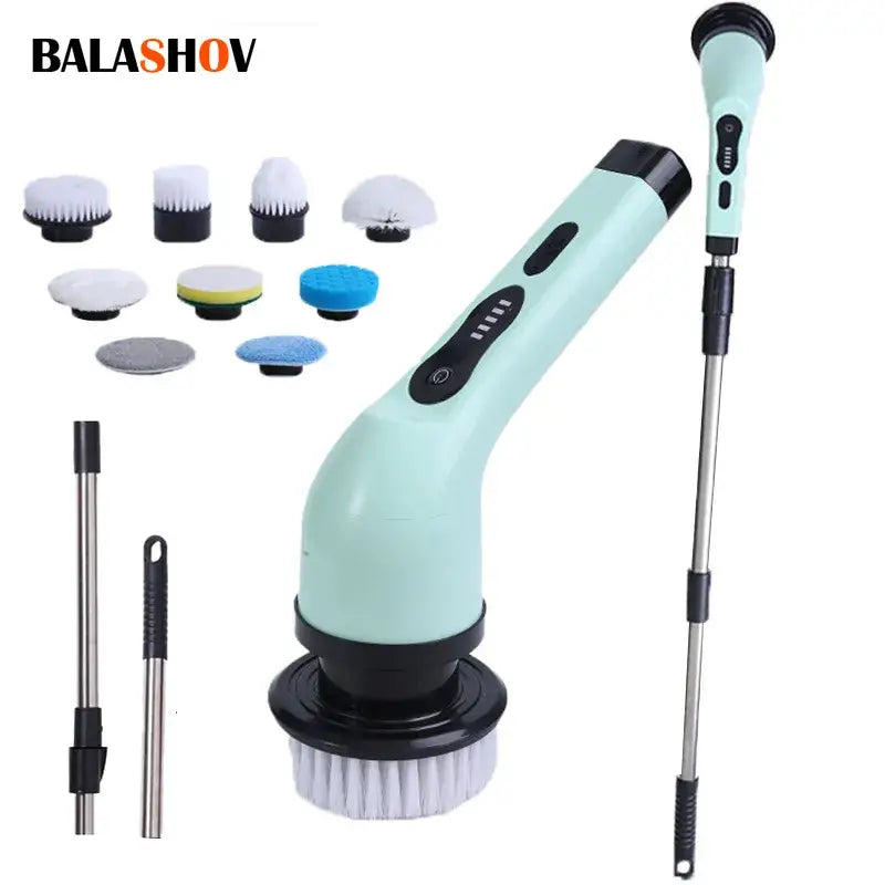 Mint green Balashov High-Quality Electric Cleaning Brush with attachments and extension handle