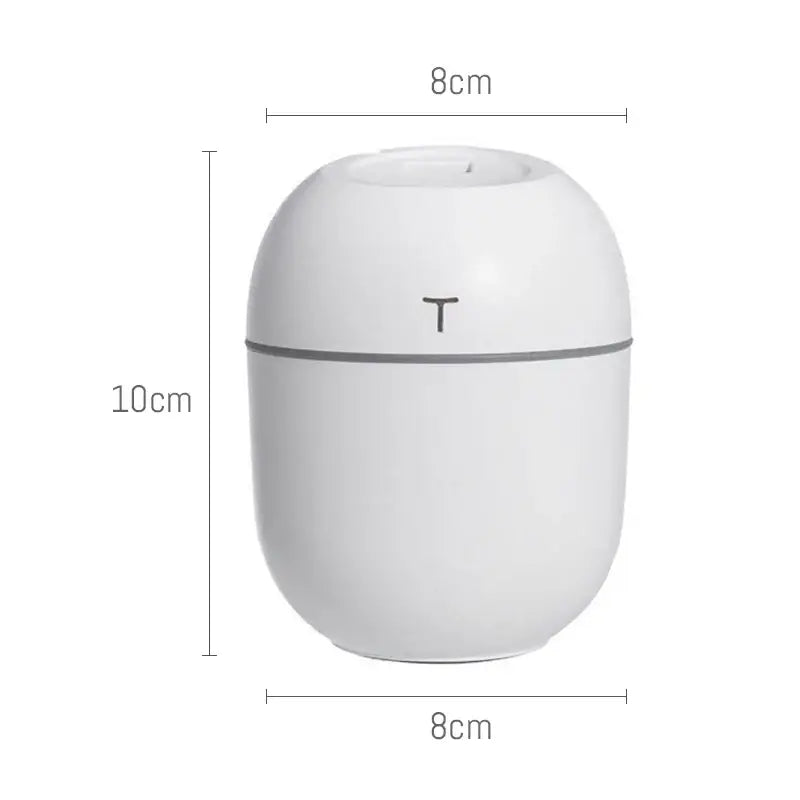 White egg-shaped BALASHOV Mini Ultrasonic Air Humidifier with logo and dimensions displayed