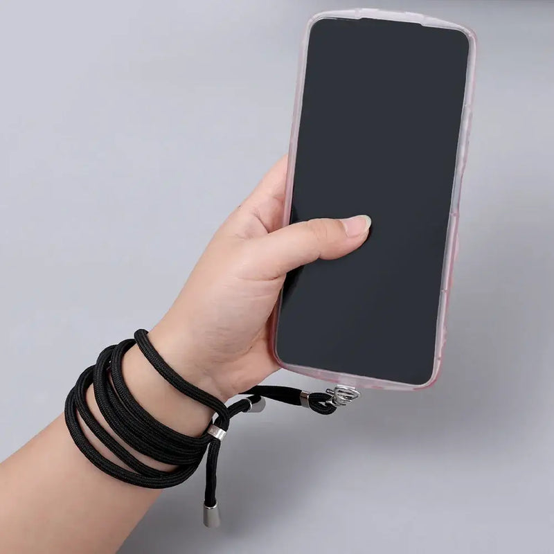 Smartphone with black screen held in hand wearing black bracelet, showcasing 150cm universal adjustable product from Mainland China