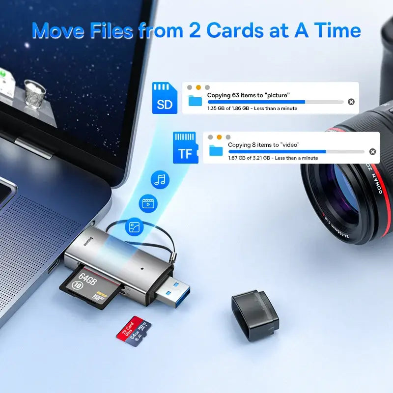 Multi-slot BASEUS Card Slots connected via USB for seamless file transfer from memory cards