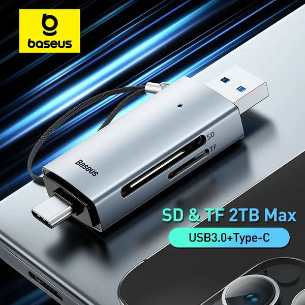 USB card reader by Baseus with USB-A and USB-C, supports SD and TF cards up to 2TB