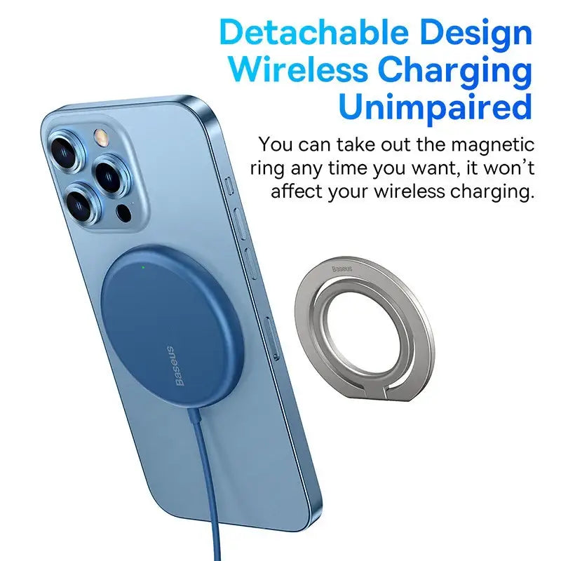 Blue iPhone with Baseus Magnetic Finger Ring Holder for enhanced wireless charging