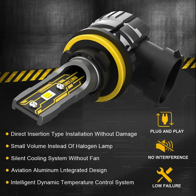 LED Fog Light featuring a black and yellow design, 6500K white brightness, and integrated cooling