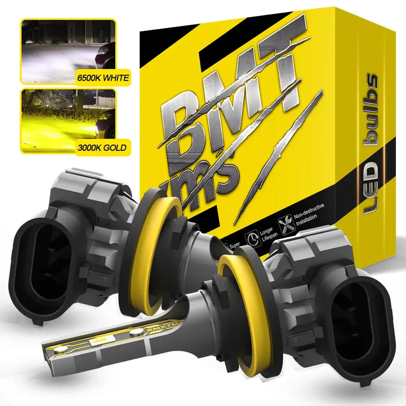 LED headlight bulbs in yellow packaging featuring BMT XP5 for 6500K white LED fog light