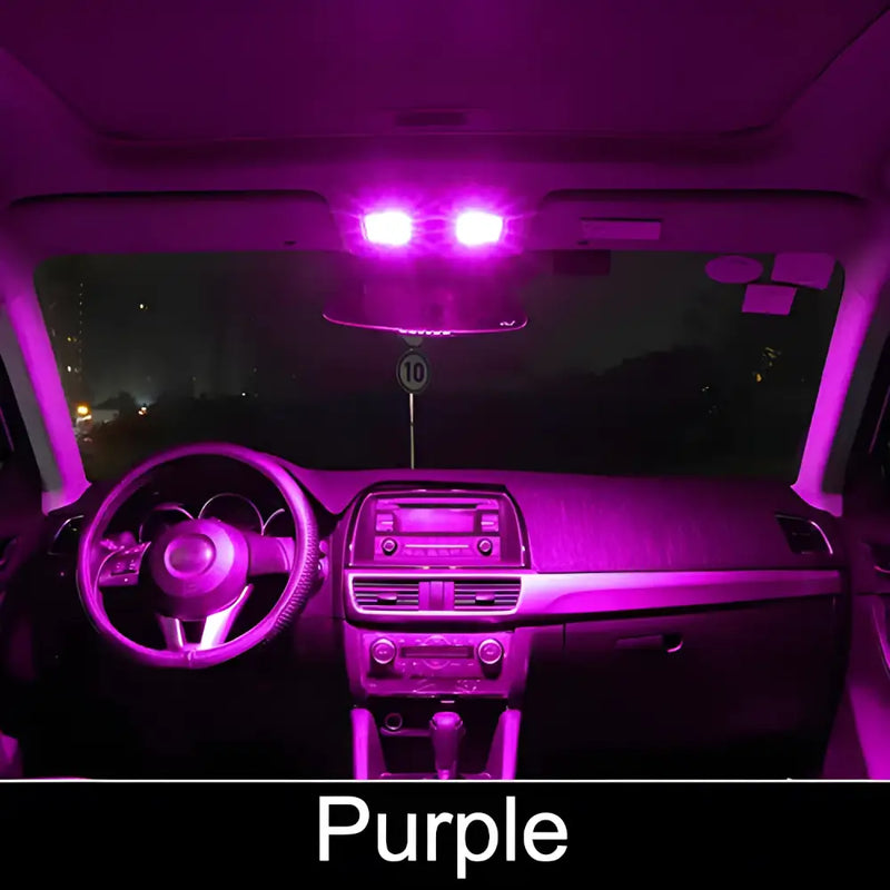 Car interior with BMTxms T10 W5W LED interior dome light featuring vibrant purple lighting