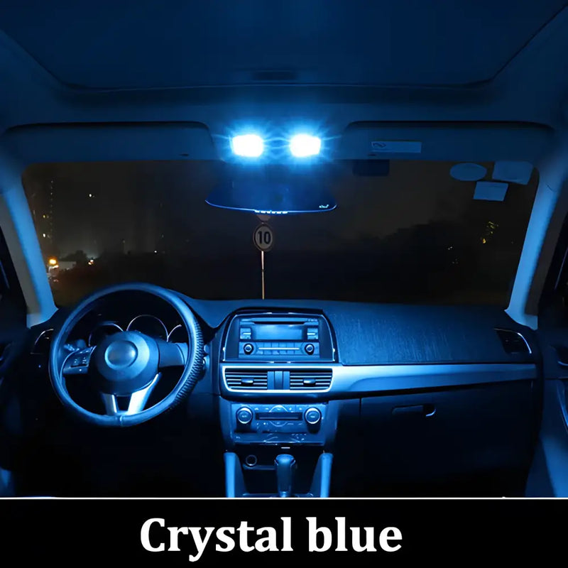 Car interior with bright blue ambient lighting showcasing BMTxms T10 W5W LED Interior Dome Light