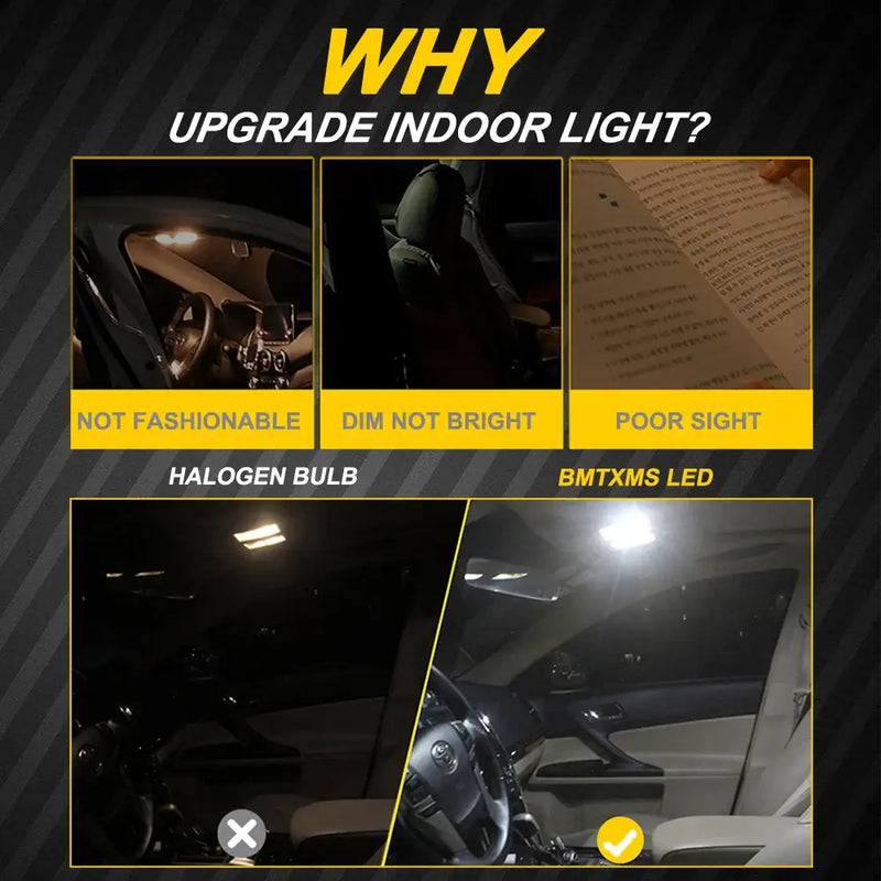 Comparison chart highlighting benefits of T10 W5W LED interior dome lights for BMW 328i