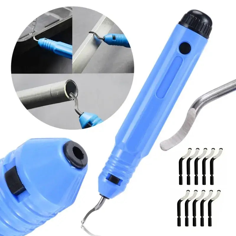 Electric engraving pen with blue plastic body, ideal for deburring tools and hand tool parts