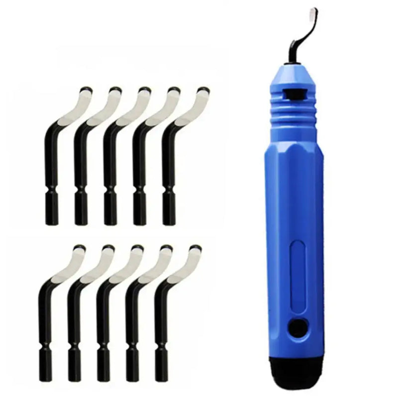 Blue handheld electric deburring tool with replaceable tips for precision manual operations