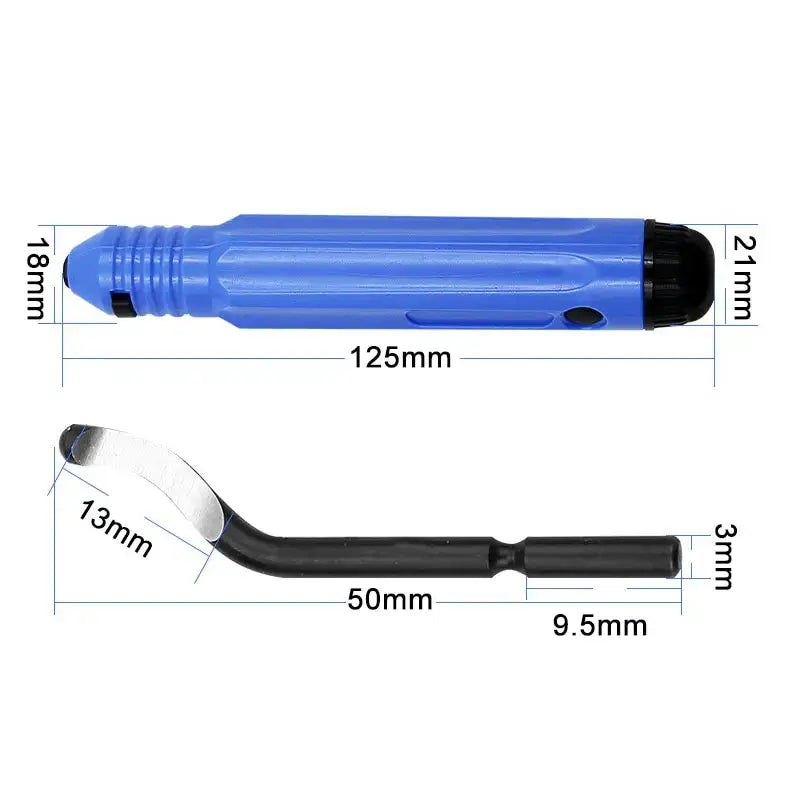 Blue plastic handle deburring tool with detachable angled metal tip for precision tasks