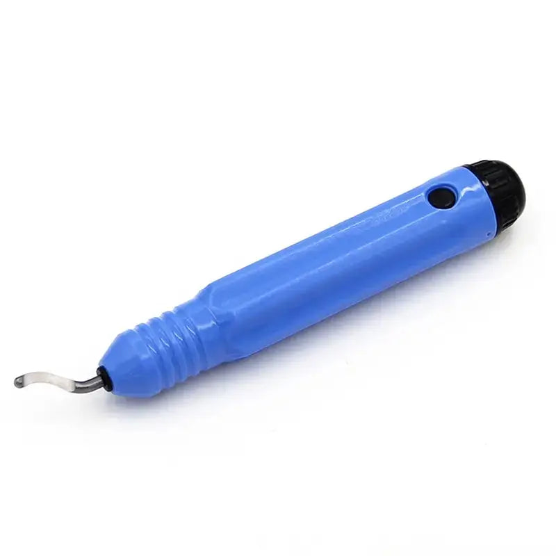 Blue plastic seam ripper tool with curved hook for precision deburring tasks