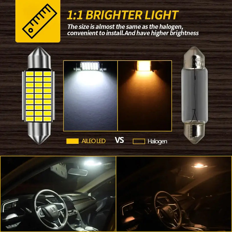 Comparison of C5W LED Festoon and traditional halogen bulbs for vehicle interiors