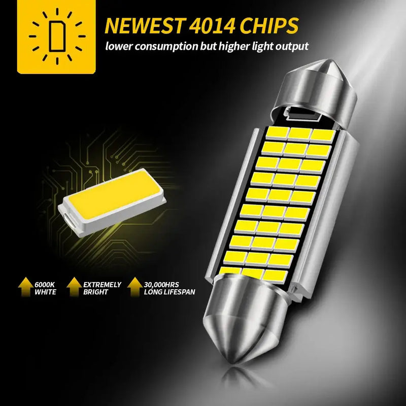 C5W LED festoon bulbs showcasing bright yellow light strips for vehicles with LED Canbus compatibility